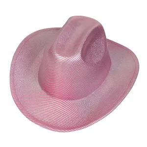 Close-up of pink metallic cowboy hat with silver trim and woven texture for parties