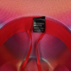 Makrodetail der Regenbogen-Cowboyhut-Innenseite mit Schweißband und Materialetikett