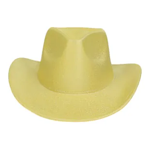 Macro shot of gold glitter Western cowboy hat with shimmering sequins and curved brim