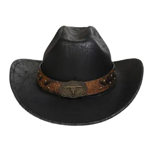 Detail of western cowboy hat with brown leather band, rivets and metal bull head buckle