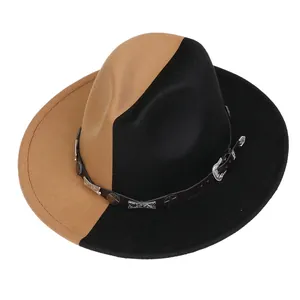 Détail d'un chapeau fedora bicolore kaki et noir avec bandeau en cuir orné d'étoiles