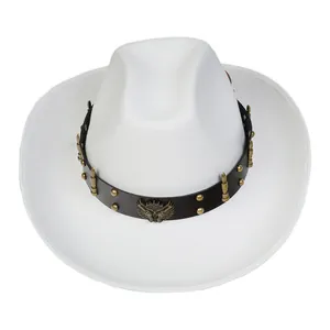 Detail of white cowboy hat with eagle crest and bullet rivet leather band decor