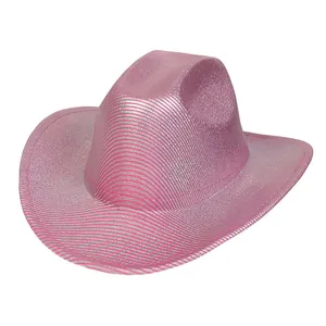 Detailed view of pink metallic cowboy hat with silver trim and glossy textured finish