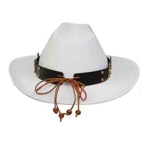 Close-up of white wool cowboy hat with studded leather band and wooden bead detailing