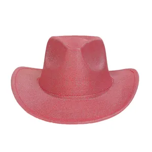 Detail of red cowboy hat with shiny silver sequins and wide brim for party