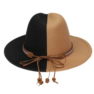 Detail of two-tone wool fedora with rhinestone band and wooden beads on brown cord