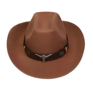 Detail of the leather band and silver bull head ornament on a brown cowboy hat