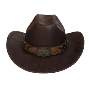 Close-up of vintage brown faux leather cowboy hat featuring a bull skull metal buckle