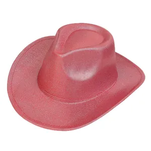 Detail of red metallic sequin cowboy hat with curved brim for party fashion