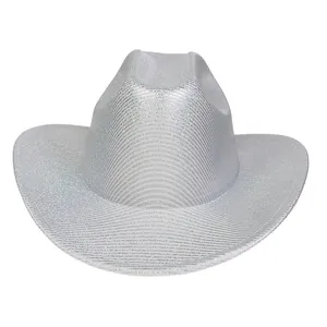 Detail of silver laser cowboy hat showing metallic texture and glitter for party outfit