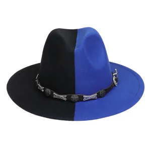 Détail du chapeau fedora bicolore avec bande en cuir et ornements d'étoiles vintage
