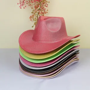 Stack of sequin-brimmed cowboy hats in vibrant colors for parties and disco events