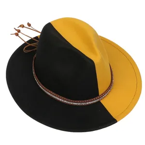 Detail of two-tone felt jazz hat with rhinestone leather band and wooden bead charm