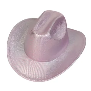 Detailed close-up showing the metallic pink texture and silver trim of the western cowboy hat