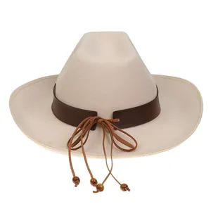 Detailed view of western cowboy hat with leather band and decorative wooden beads