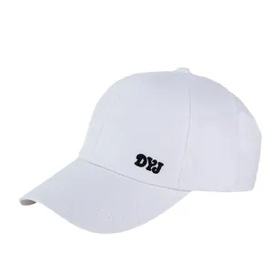 White sun protection ponytail cap with black DYJ embroidery and curved visor