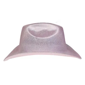 Macro detail of pink metallic western cowboy hat with reflective shiny grid texture