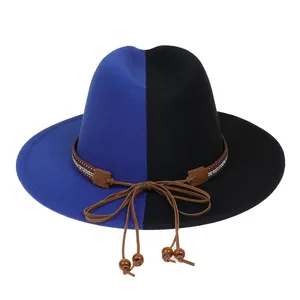 Detail of two-tone blue and black wool fedora with beaded decorative band and fringe