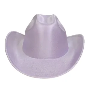 Detailed view of lavender purple glitter cowboy hat with metallic finish and curved brim