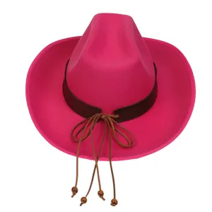 Detail of rose red felt cowboy hat featuring leather band and rustic wooden beads