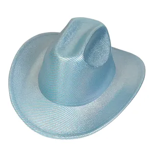 Detail of light blue cowboy hat with shimmering silver glitter texture for disco parties