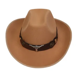 Close-up of khaki wool felt cowboy hat featuring leather band and silver bull head detail