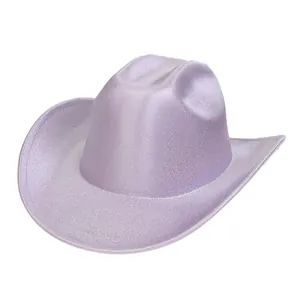 Close-up of lavender sequin cowboy hat with glitter finish and curved brim details