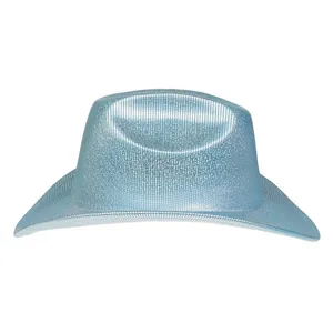 Detailed view of the sparkling light blue western cowboy hat with silver shimmer finish