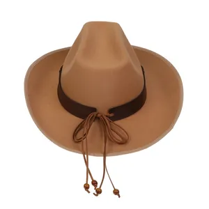 Close-up of camel wool fedora hat with brown leather band and wooden bead details