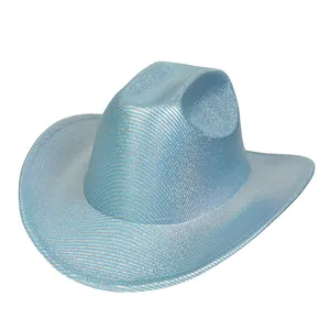 Close-up of light blue western cowboy hat with metallic glitter finish and silver trim