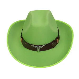Detail of neon green cowboy hat with brown leather band and silver bull head metal emblem