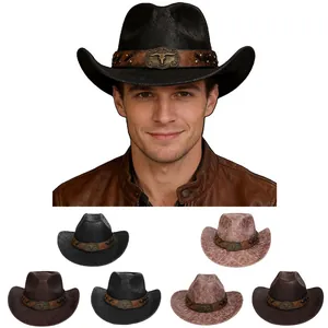 Western Vintage Cowboy Hat Cracked Texture Faux Leather Wide Brim Fedora With Bull Head Buckle Rivets For Men Women Outdoor Fashion Hat