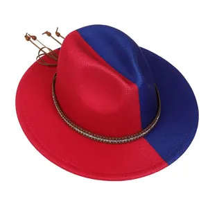 Detail of red and blue fedora with leather band and sparkling rhinestone embellishments