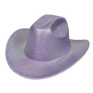 Macro shot of purple metallic cowboy hat featuring shimmering textured finish and wide brim