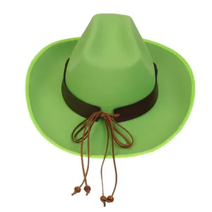 Detail of bright green wool cowboy hat featuring dark brown leather band and wood beads
