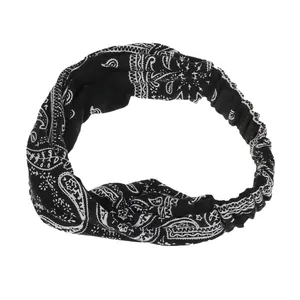 Bandeau de yoga paisley noir et blanc avec nœud double couche et élastique réglable