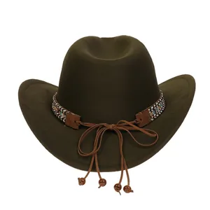Detailed view of dark olive wool felt cowboy hat with bohemian braided band and wooden beads