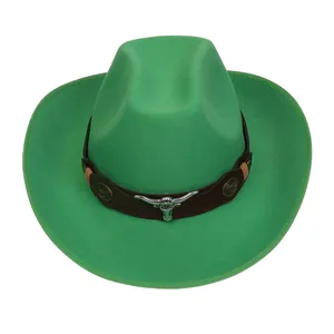 Detail of green wool cowboy hat featuring a silver bull head metal piece and brown strap