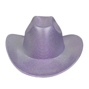 Detail of lavender cowboy hat with silver trim and sparkling horizontal texture stripes