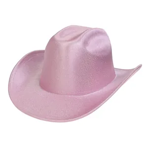 Macro shot of pink glitter cowboy hat showing shiny texture and curved brim detail