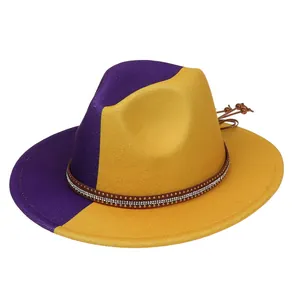 Detail of purple and yellow felt fedora with studded leather band and bead accents