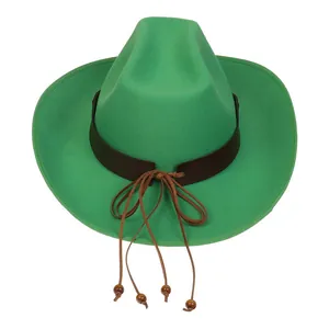 Close-up of green felt cowboy hat with leather band and wooden bead tassels details