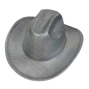 Close-up of silver cowboy hat with black horizontal stripes and glittery metallic finish
