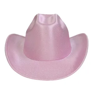 Detail of pink glitter cowboy hat with shimmering finish and upturned brim for party