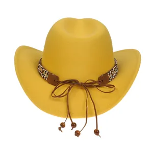 Detail of ethnic woven band and wooden beads on a yellow felt cowboy hat crown