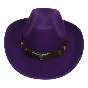 Detail of purple cowboy hat crown with brown band and silver longhorn bull metal ornament