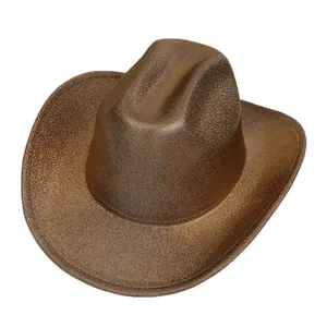 Macro detail of bronze western cowboy hat with glossy metallic sequins and curved brim