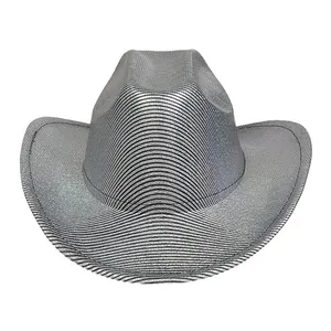 Close-up of disco style silver cowboy hat with black stripes and wide curved brim