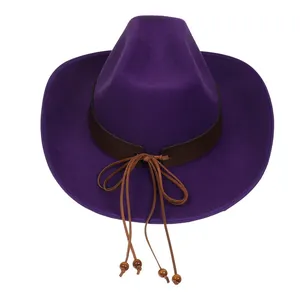 Detail of purple felt cowboy hat with leather trim and decorative wooden beads