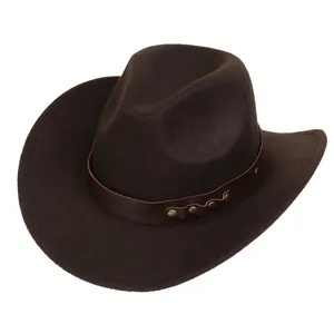 Detail of dark brown felt cowboy hat with leather band and vintage copper rivets